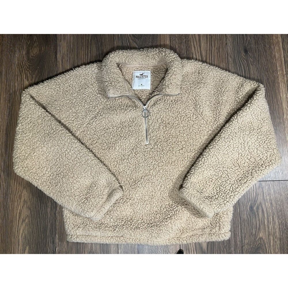 Hollister Womens M Beige Sherpa Fleece Quarter Zip Cropped Pullover Teddy